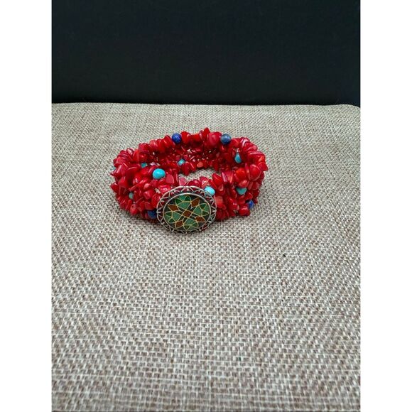 Carolyn Pollack Sterling Silver .925 Red Coral & Turquoise Mosaic Statement Brac - Picture 8 of 8